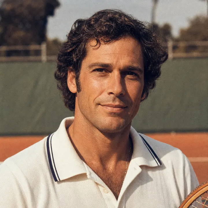 Retro tennis editorial: Place your face into a warm analog sports portrait while keeping anatomy, angle and period styling believable.