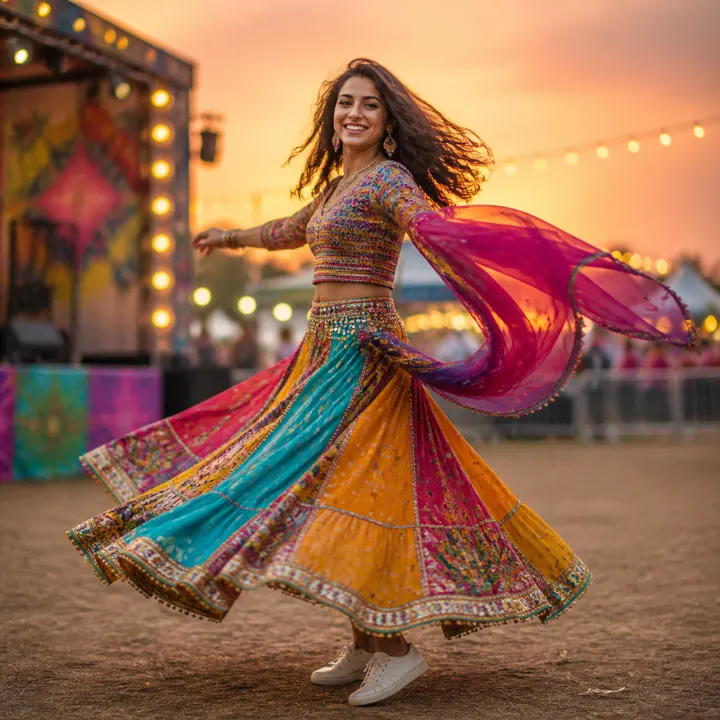 Sunset festival turn: Create an energetic festival keyframe with a sharp face, complete silhouette and believable fabric movement.
