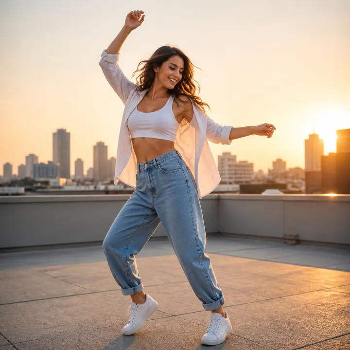 Golden-hour rooftop dance: Build a clean vertical dance source frame with a readable full-body pose before creating the short motion clip.