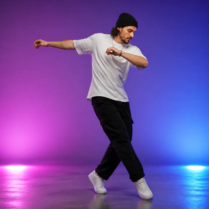 Color-light studio dance: Use a controlled studio pose and uncluttered background for a short clip with clear body motion.