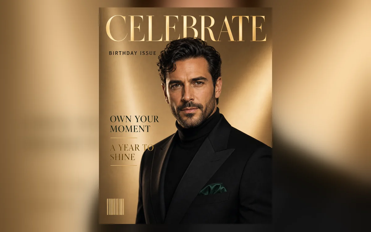Glossy cover star: Polished studio light and a confident fictional newsstand cover.
