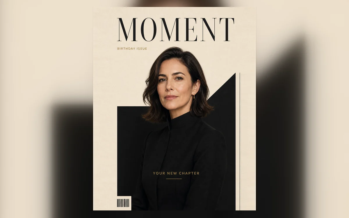 Minimal new chapter: Quiet black-and-cream type with a refined studio portrait.