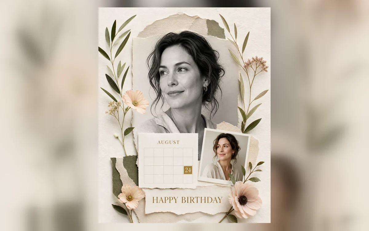 Botanical keepsake: Soft paper layers, pressed flowers and a personal date-led portrait.