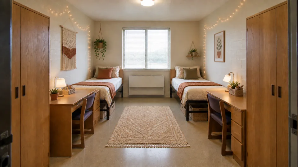 Boho Dorm: Layered earth tones, soft textiles and practical woven storage.
