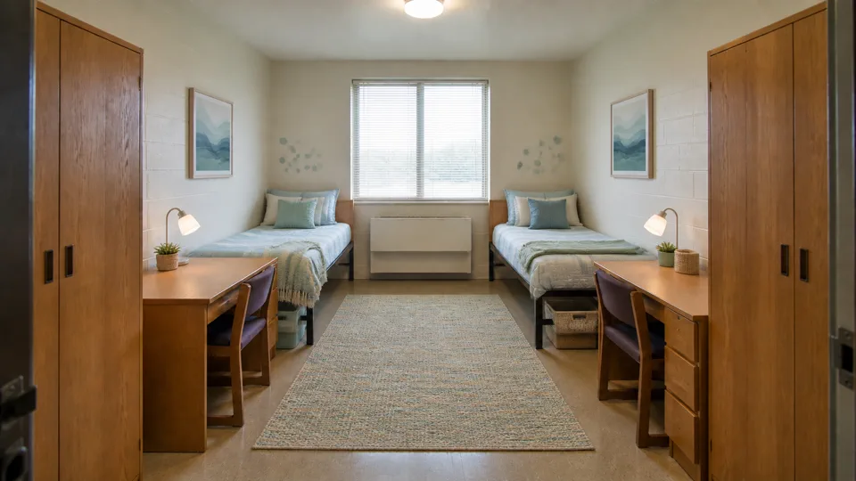 Coastal Dorm: Calm sand, warm white and restrained navy with natural texture.