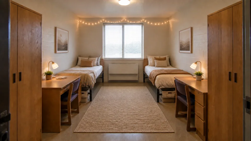 Cozy Dorm: Warm neutrals, layered bedding and safe ambient task lighting.