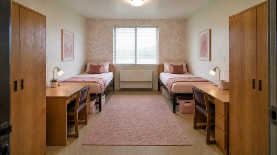 Pink Dorm: A grown-up blush palette balanced with cream and warm wood.