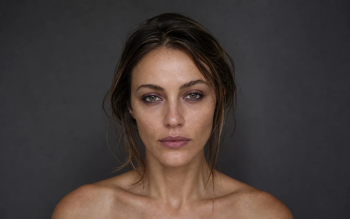 After hours: Cool mauve shadow, softened charcoal liner and a nude-plum lip.