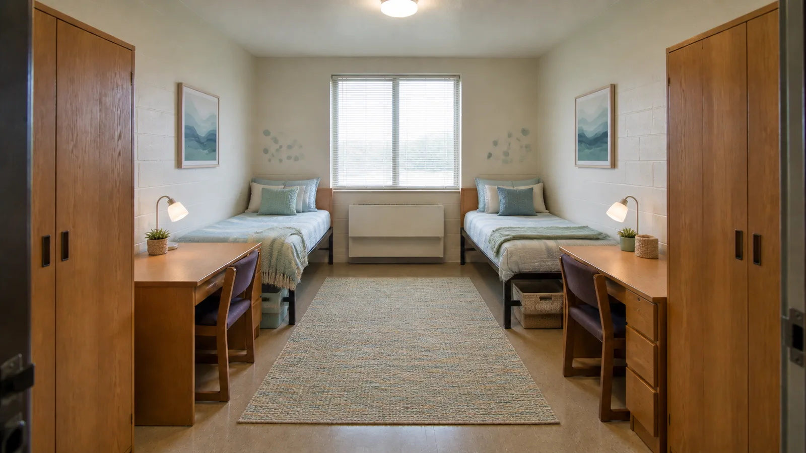 AI result: Empty college dorm transformed with removable coastal decor, coordinated bedding and practical storage