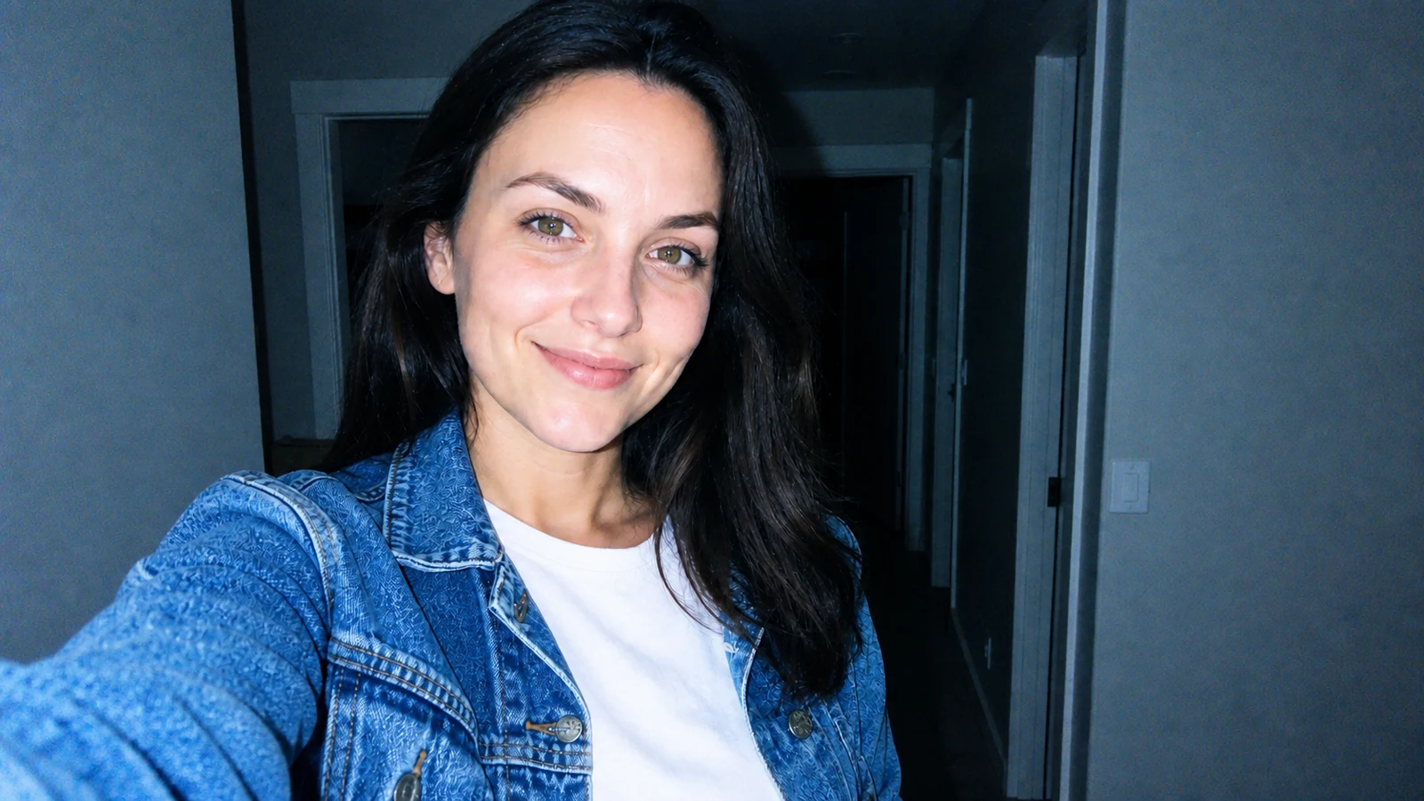 AI result: Original clean smartphone selfie beside the same portrait with hard direct flash, cool CCD color, clipped highlights and digital sensor noise